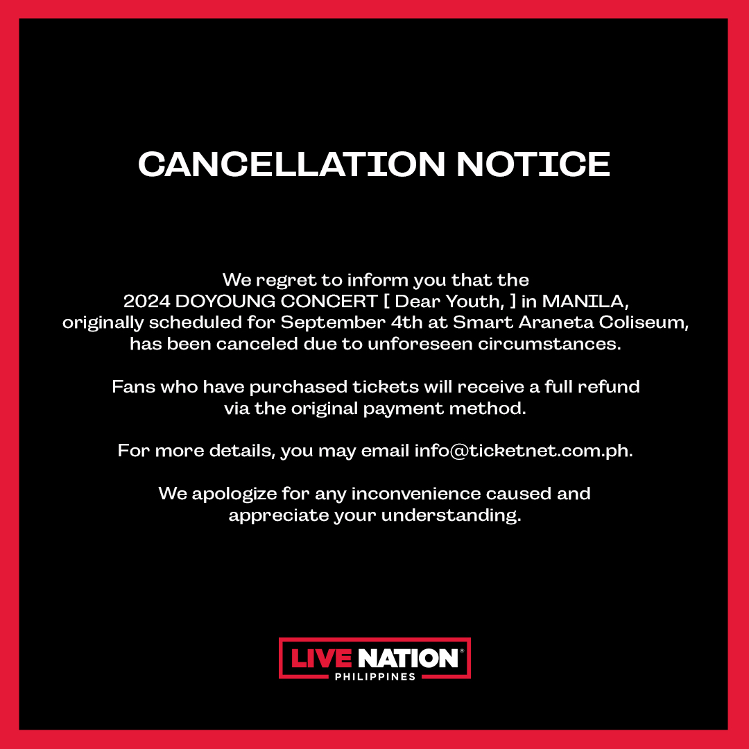 livenationph's tweet photo. Attention NCTzen: The 2024 DOYOUNG CONCERT [ Dear Youth, ] has been canceled. Please read the announcement below for refund details.
 
Thank you for your understanding and continued support. https://t.co/10d4YW4FZE