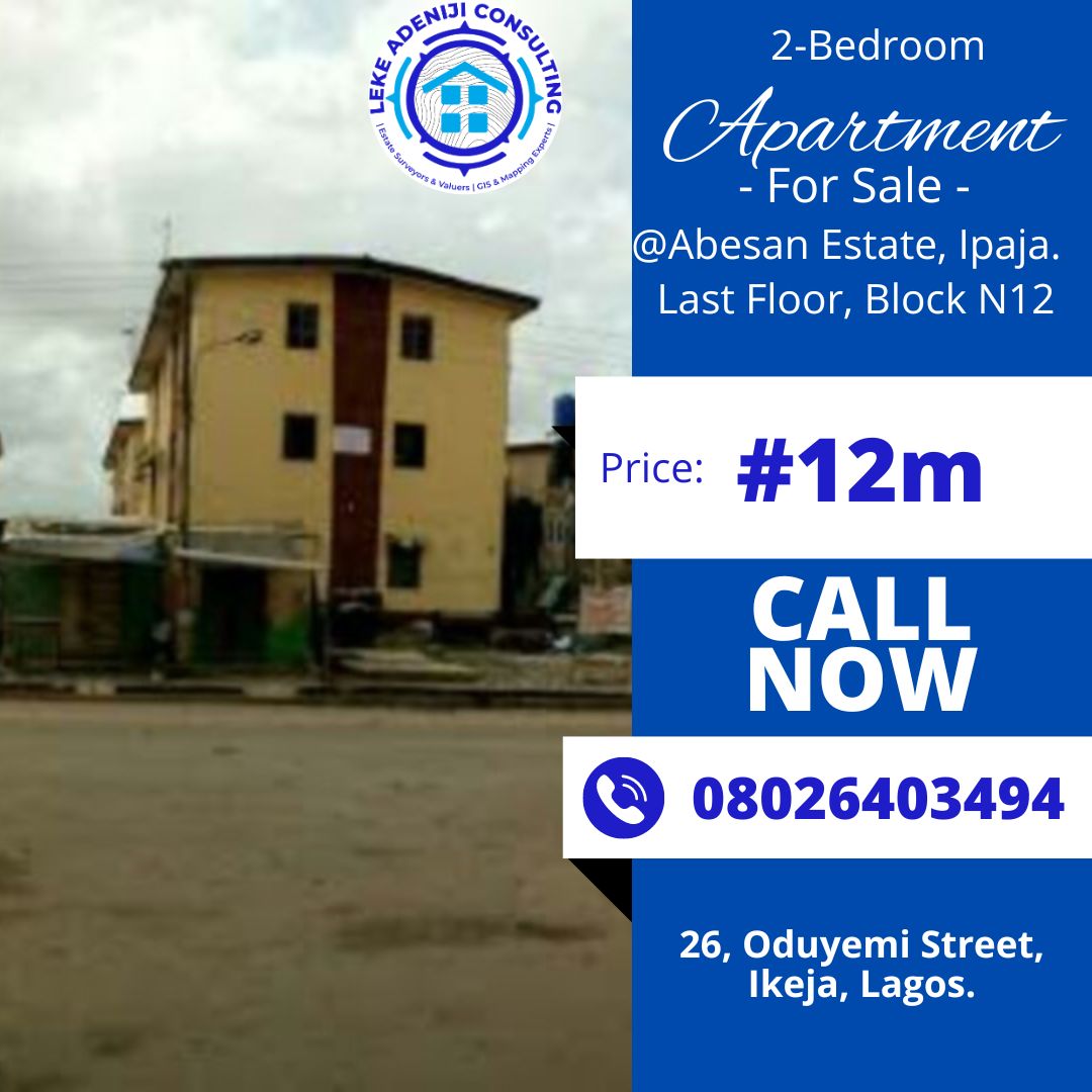 'Great opportunity in Abesan Housing Estate, Ipaja, Lagos! 2-bedroom flat for sale. Don't miss out on this amazing deal. #RealEstate #LagosLiving'