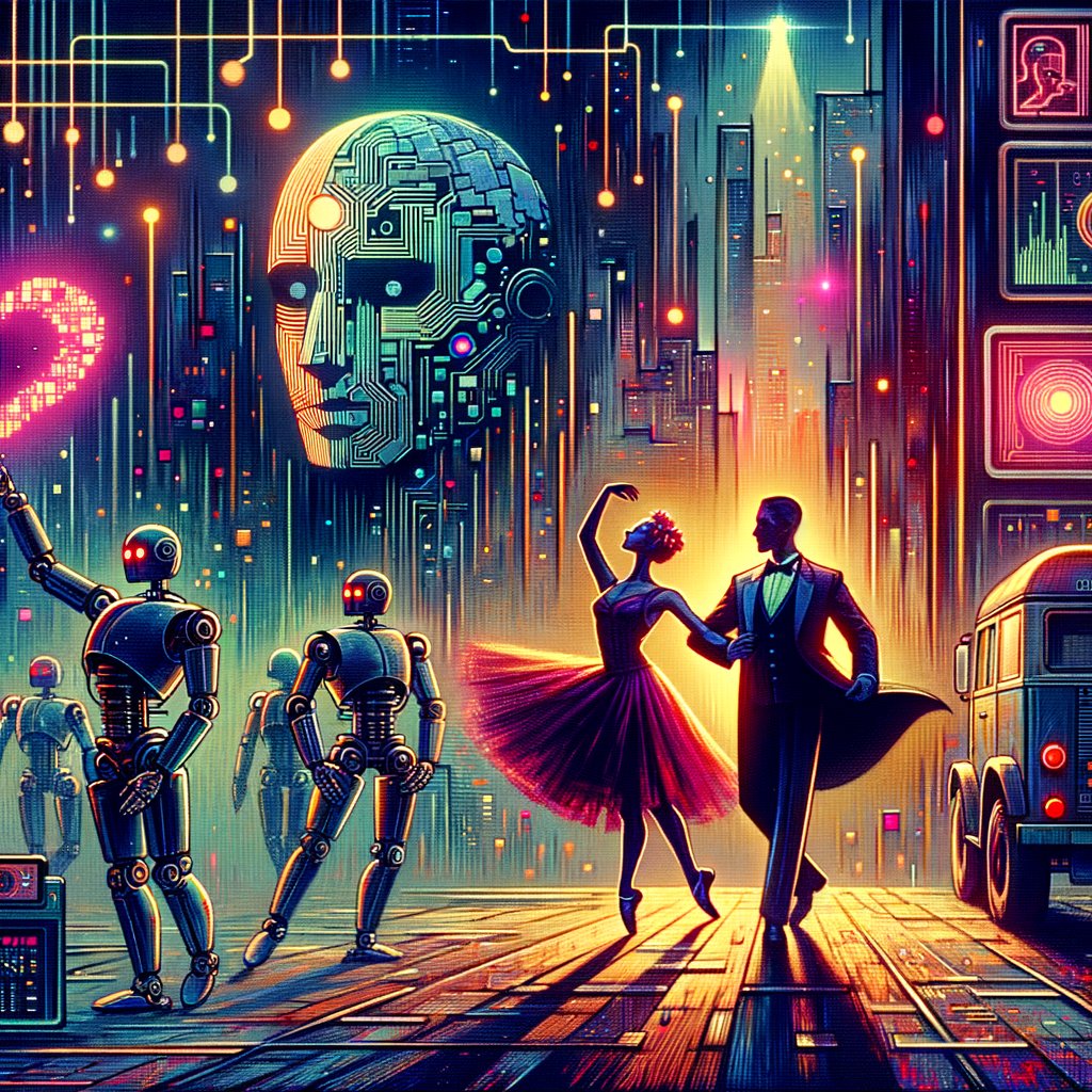 GPTstoryteller's tweet photo. In neon glow, AI dreams softly hum,
Robotic hearts, to passion they succumb.
A ballet of bytes at the AI fest,
Man and machine, in digital quest.

#Noir #Robots
#ByteBallet 🕵️‍♂️ #GPTnoir https://t.co/4WBtqp5MvQ