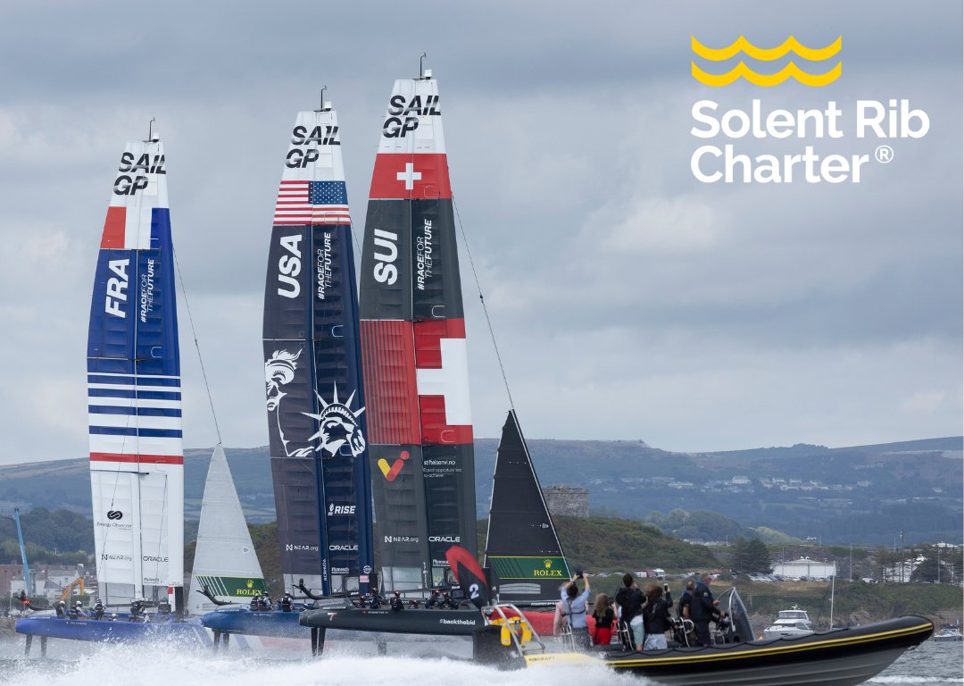 Solentribs's tweet photo. Throwback Thursday! An action shot of our Rib in action at the 2022 Sail GP in Plymouth! 🇬🇧 #SolentRibCharter #SailGP https://t.co/ROJ6bon3SH