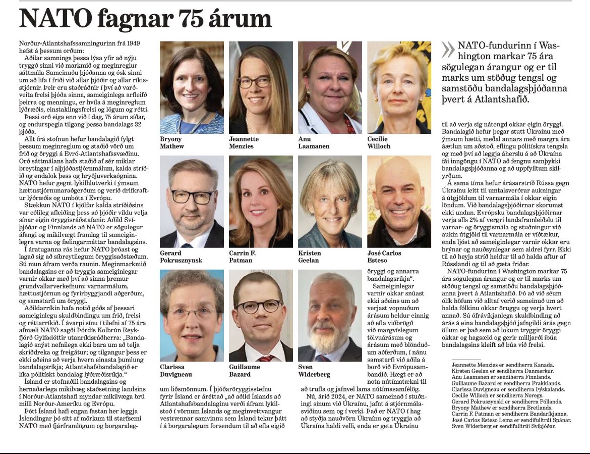 This week the #NATOSummit is taking place in Washington. To reaffirm the importance of the alliance and celebrate its 75th anniversary, Ambassadors and representatives of #NATO member states in Iceland published an article in <a href="/morgunbladid/">Forsíðufréttir mbl</a> #StrongerTogether #WeAreNATO