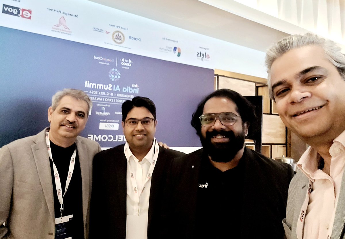 anishpadin's tweet photo. In the India AI Summit today,  with @SandyDutta Bhaskar Roy and Avijit Verma

@fractalai is the #AIpartner 

Sandeep spoke about Accelerating #AI advantage, which was well received.  Good sessions, and networking. https://t.co/101GW5HVR3