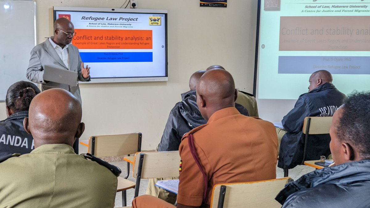 This morning, Dr. Pius Ojara, the Director of the Refugee Law Project, facilitated a training session on "Conflict and Stability: Understanding Refugee Protection" at the Police Senior Command and Staff College in Bwebajja. 
1/5