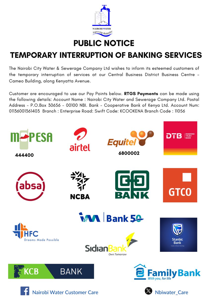 We wish to inform our esteemed customers of the temporary interruption of services at our CBD center offices along Kenyatta Avenue. We regret for any inconvenience caused. #sharewidely
