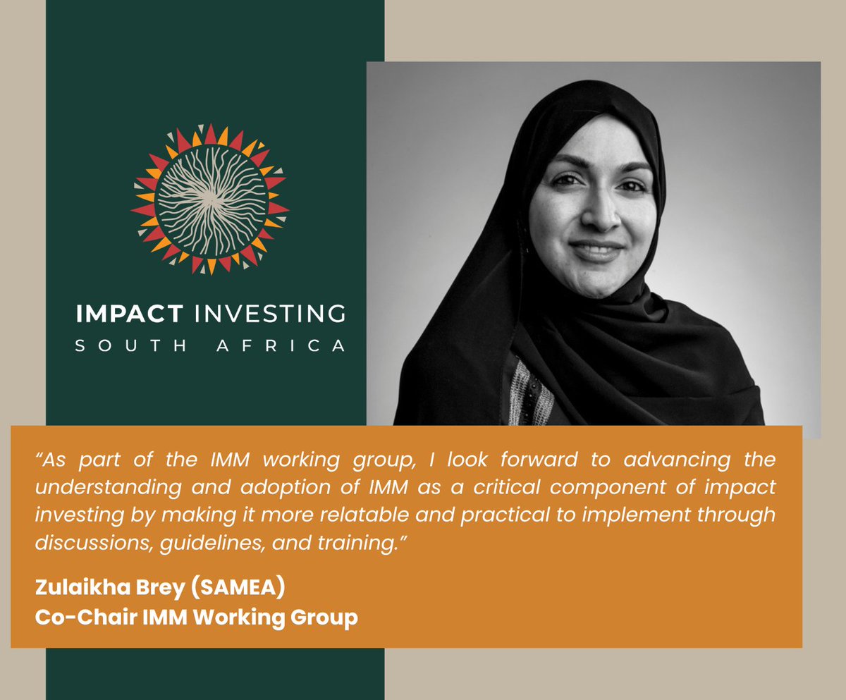 The IISA Working Groups comprise of voluntarily members working at an implementation level.   
Welcoming Zulaikha Brey from SAMEA, who now heads up our IMM Working Group!  

<a href="/SAMEA_ZA/">SAMEA</a>  #ImpactInvesting #ImpInv #WorkingGroups #NewAppointments