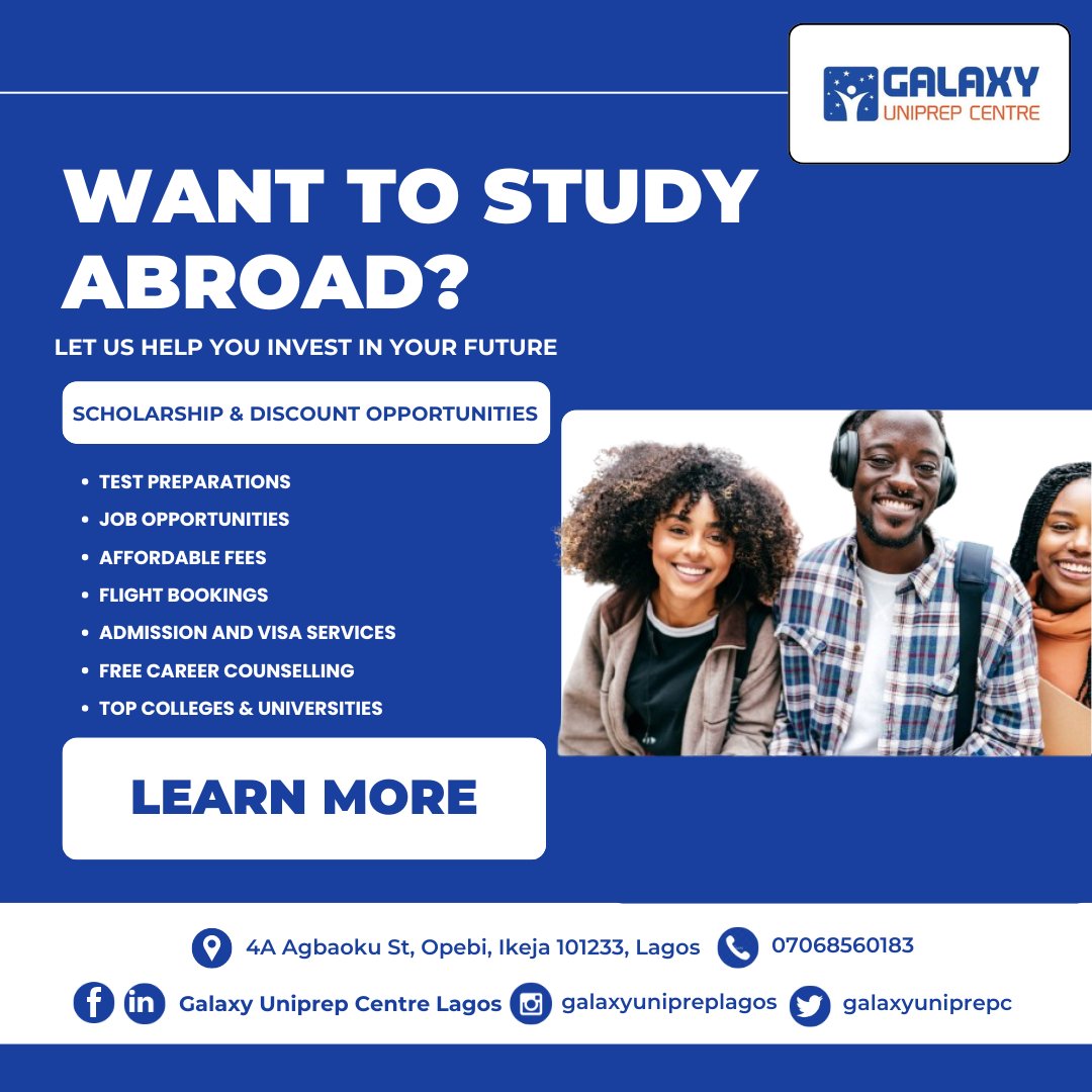 UniprepGalaxy's tweet photo. WANT TO STUDY ABROAD?
LET US HELP YOU INVEST IN YOUR FUTURE
SCHOLARSHIP &amp; DISCOUNT OPPORTUNITIES
LEARN MORE Call: 07068560183
- Test Preparations
- Job Opportunities
- Affordable Fees
- Flight Bookings
- Admission &amp; Visa Services
- Top Colleges &amp; Universities
#galaxyunipreplagos https://t.co/ra1NJqb8iw