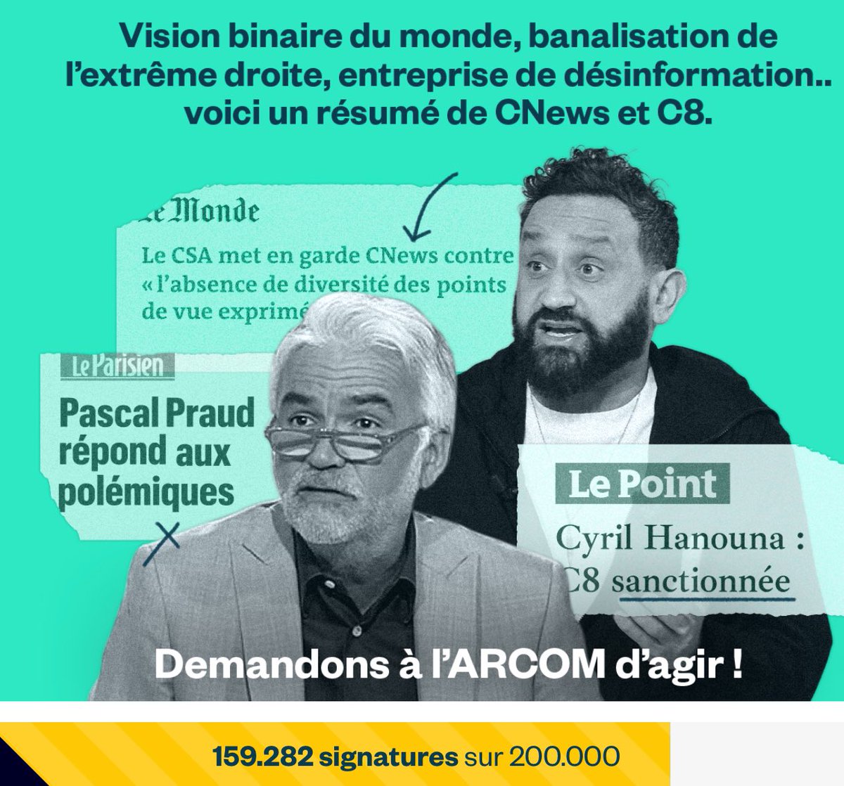 Mediavenir's tweet image. 📺🇫🇷 FLASH - Près de 160.000 personnes ont signé une pétition contre le renouvellement des autorisations de diffusion de CNEWS et C8. (Le Mouvement)