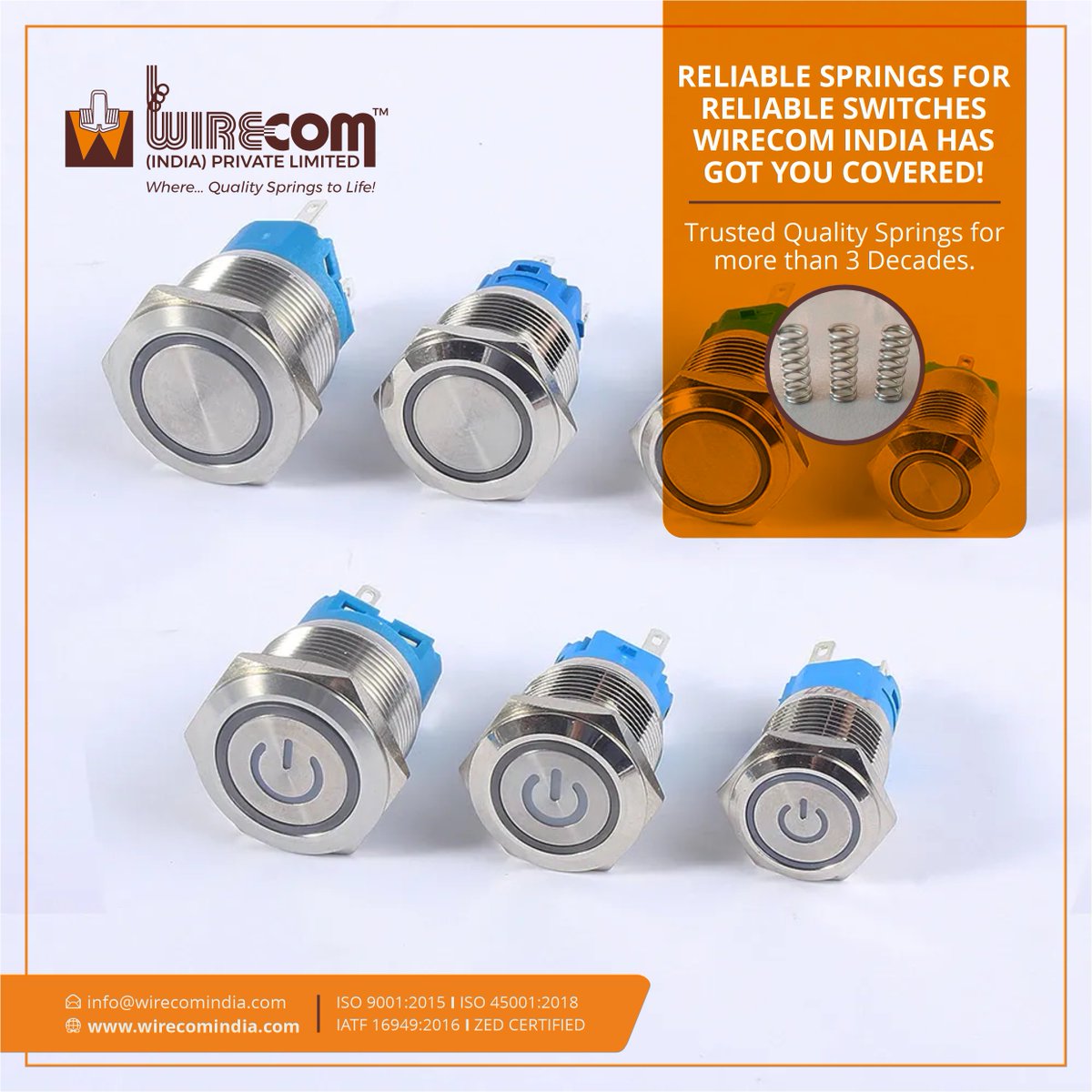 WirecomIndia's tweet image. Wirecom India supplies reliable springs for more than 3 decades to all the manufacturers in India and across the Globe. Push Buttons contains compression springs installed in them which is responsible for the &apos;in&apos; and &apos;out&apos; positions of the switch.

#pushbuttonswitches #switches