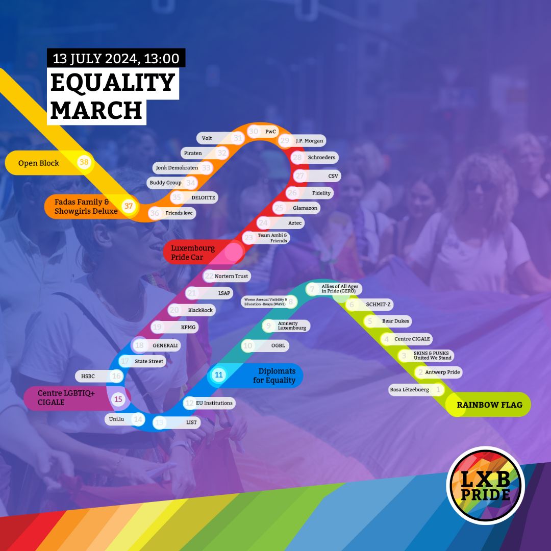 LuxembourgPride's tweet photo. A central element of a Pride has of course always been the Pride March.
This year, it starts at exact 13.00 on Saturday, 13 July 2024 next to Bâtiment 4 in Esch-sur-Alzette.
#LuxembourgPride #LuxembourgPride2024 #EqualityMarch https://t.co/6ZZx3avxT2