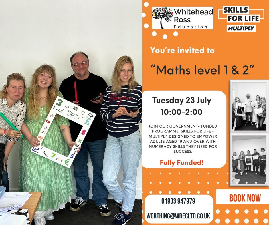 Join our Level 1 &amp; 2 Maths Course in Worthing, starting July 23rd! 📚✨ 

Don't miss out on the chance to boost your maths skills in this fully funded course!

For more information, contact us at:
📞 01903 947979
✉️ worthing@wrecltd.co.uk