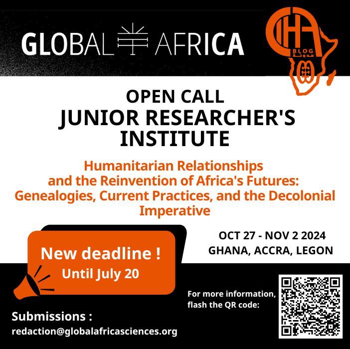 <a href="/Globalafricasci/">Global Africa</a> OPEN’s CALL for Junior Researchers Institute in Accra, Ghana from October 27 to November 2, 2024. This is being hosted in collaboration with <a href="/CIHABlog/">CIHA</a>. Deadline has been extended to July 20.