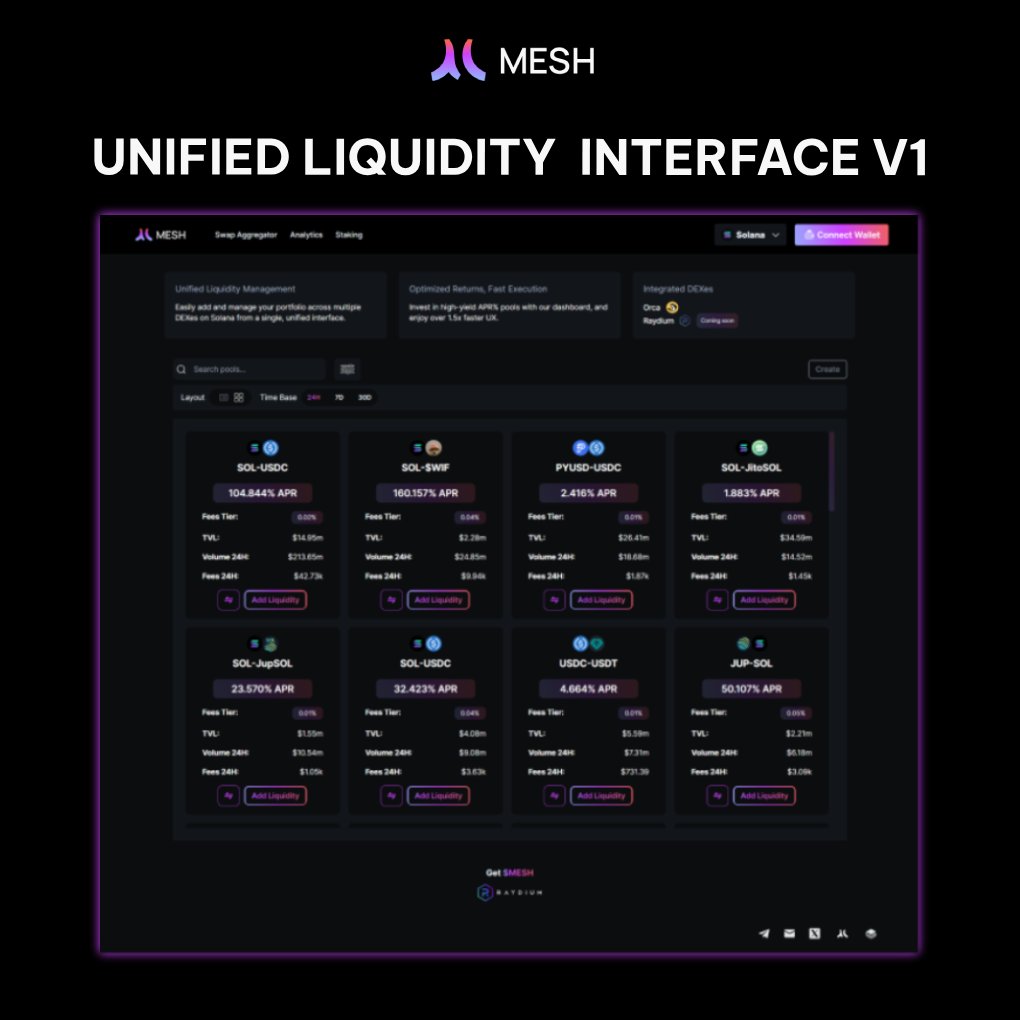 Mesh_Protocol's tweet image. Our Unified Liquidity Interface v1 brings the ease of liquidity provisioning at your finger tips

➕ Add liquidity: Add your liquidity and manage your portfolio across multiple DEXes on @solana 
🔄 Optimized returns: Invest in high-yield APR% pools using our dashboard
⏳ Quick…
