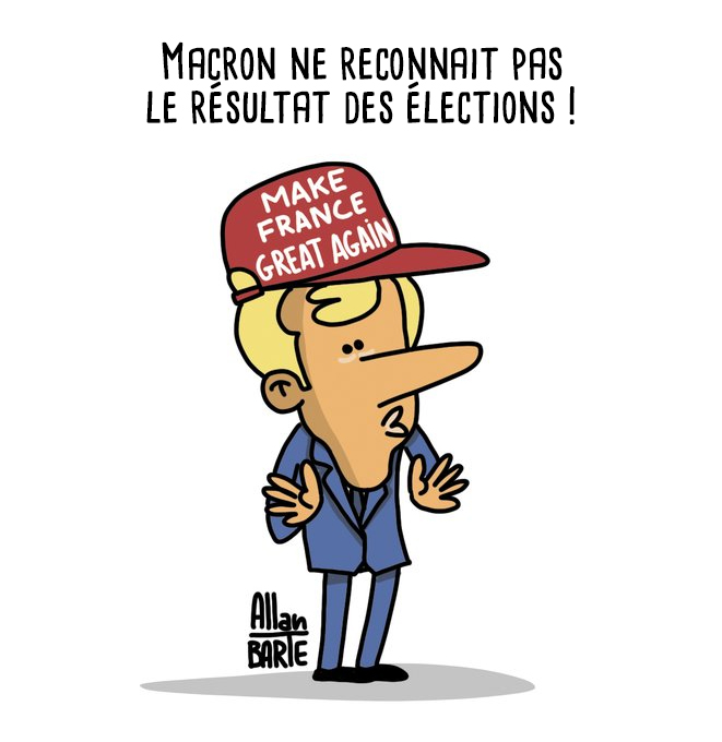 
Titre : Macron ne reconnaît pas le résultat des élections

Dessin sans texte.
Macron, casquette "Make France great again" sur la tête, est grimé en Trump