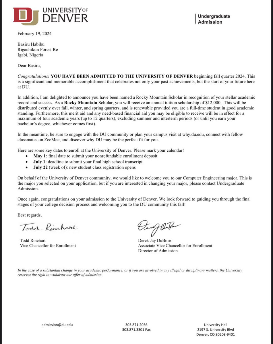 Retweet, Let’s Help A Brother In Need🙏🏽

Assalamu Alaikum, A brother named Basiru Habibu based in Rigachikun wrote me:

I have secured a scholarship in the United State of America University Of Denver 
But the scholarship is about to expire because I couldn’t afford to pay the