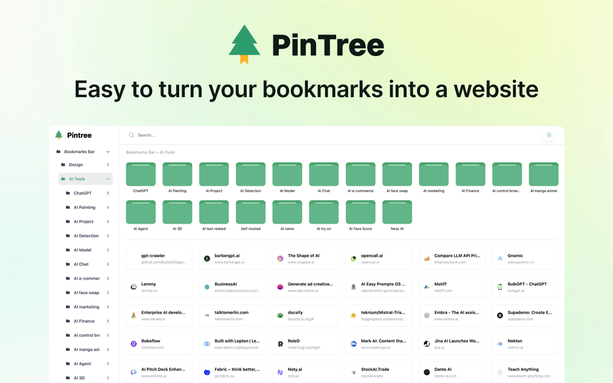 pintree_io's tweet photo. ✨ Introducing https://t.co/X9vRx0JpP0! Convert your bookmarks into a stylish, user-friendly navigation site today. Explore more: https://t.co/X8kr1lMp1n 
#Pintree #Bookmarks #WebTools https://t.co/L4bRHxKaR4