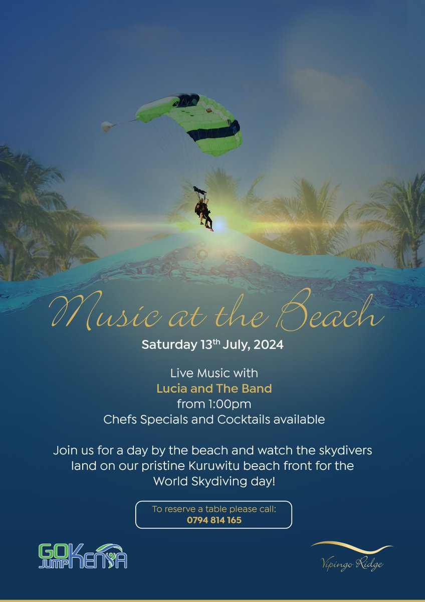 Would you like to watch live music on the beach this Saturday? Get involved in a World Record attempt in skydiving?   Eat delicious food?  Head to the Vipingo Ridge Beach Club this Saturday. Book your table 0794 814165 
#worldrecord #skydiving #skydivingworldrecord