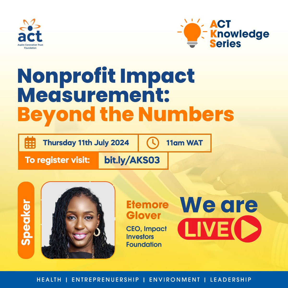 ACTFoundation_'s tweet image. WE ARE LIVE!

Be a part of the discussion as we equip you with actionable insights to revolutionize your nonprofit impact.

#ACTFoundation #ACTKnowledgeSeries #Impact #nonprofit #Africa