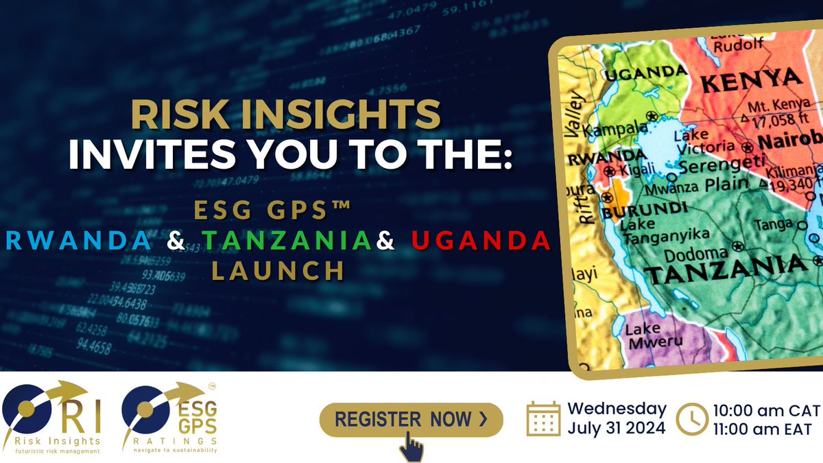 esggps's tweet image. Launch of the Risk Insights ESG GPS in Rwanda, Tanzania &amp;amp; Uganda on July 31, 2024, 10:00am CAT/ 11am EAT ESG GPS navigates its way to Rwanda, Tanzania &amp;amp; Uganda! Please register lnkd.in/diRHyk6M before July 20th   #RiskInsights, #ESGGPS #ESG, #Sustainabilty #GreenEconomy