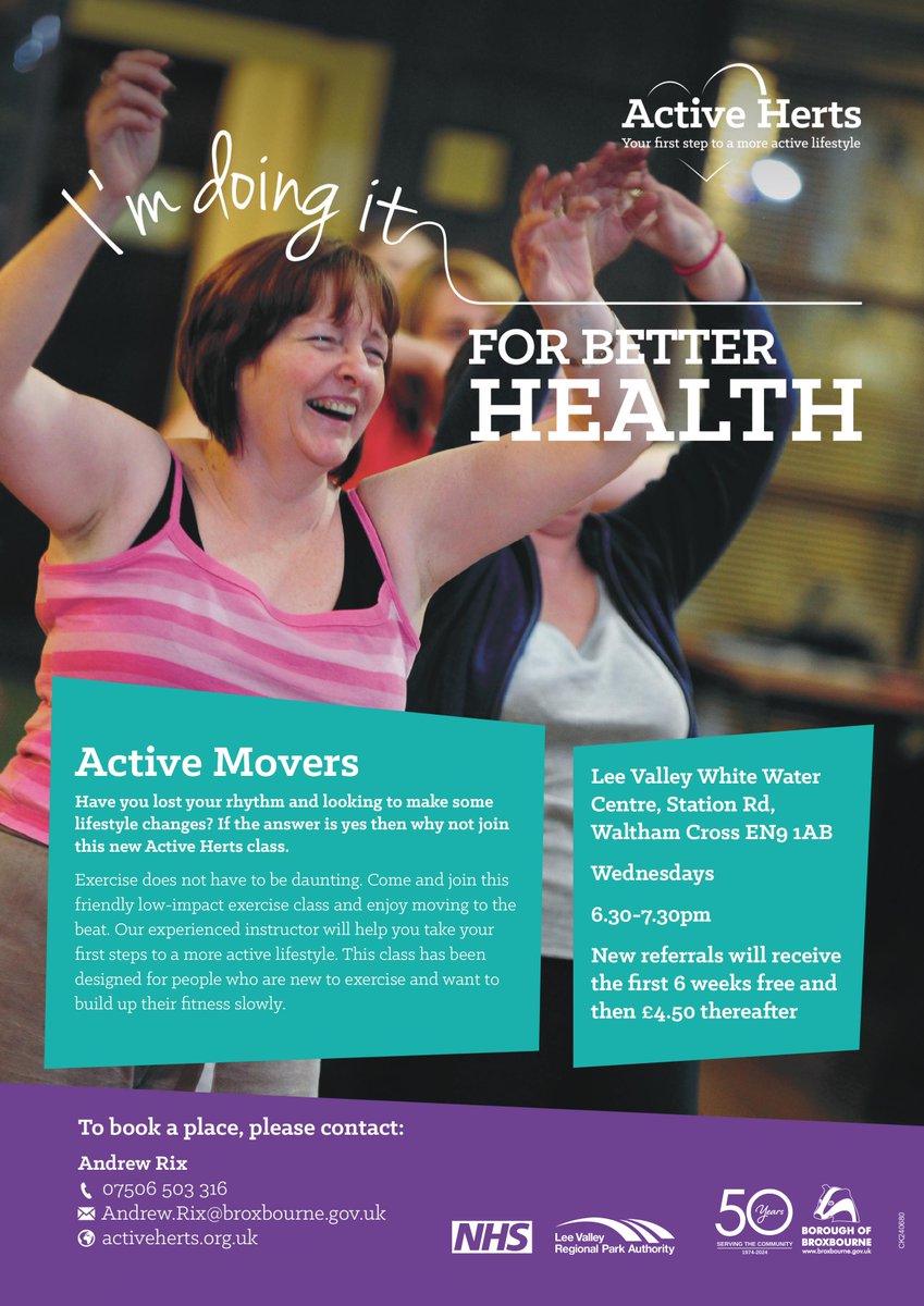 ActiveHerts1's tweet image. Are you inactive and looking to make some lifestyle changes? if the answer is yes, then why not try this new low-impact cardio class &apos;Active Movers&apos; at the Lee Valley White Water Centre. For more details or to book, please contact Andrew on: 07506 503316