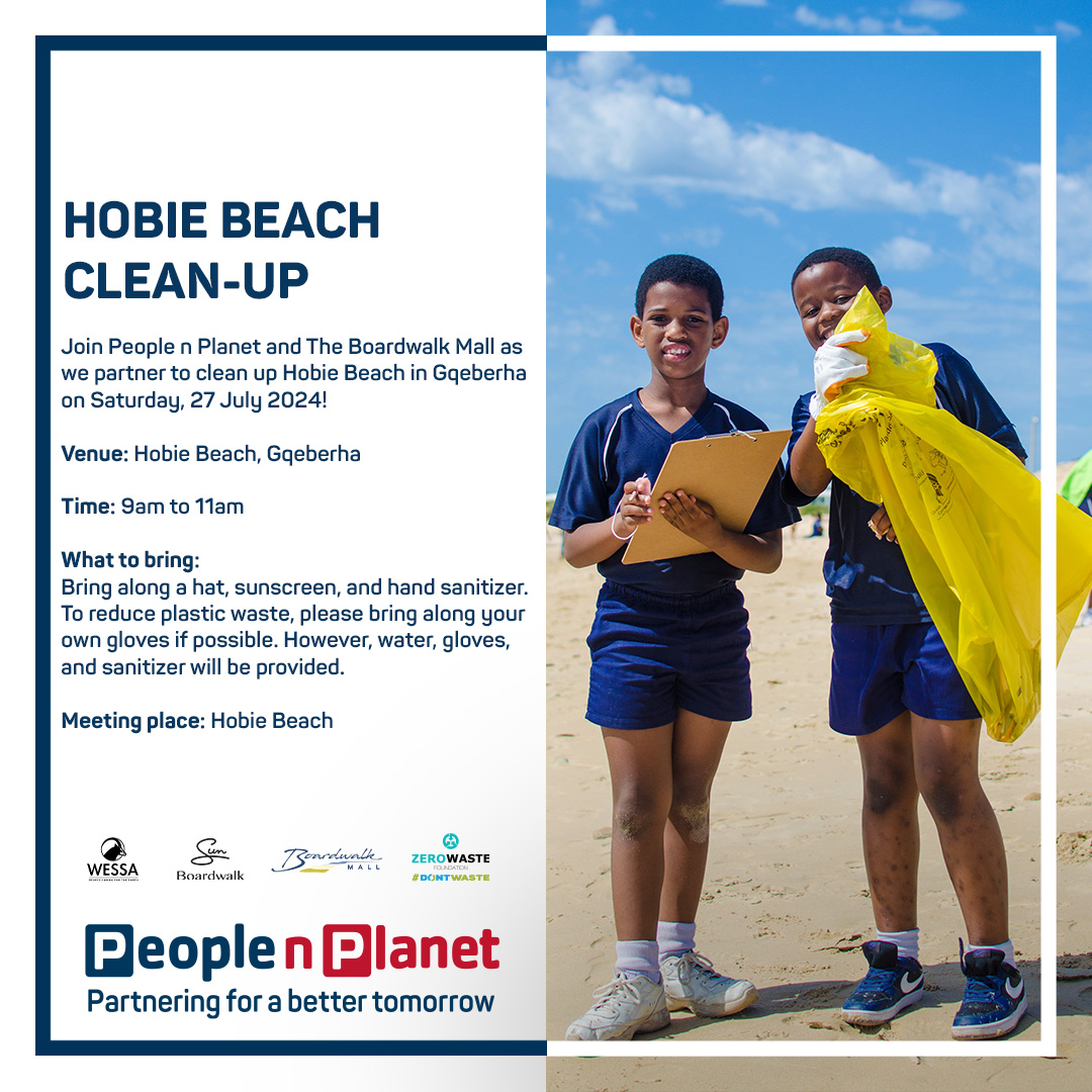 PeoplenPlanet's tweet photo. Come along and help us clean up Hobie Beach in Gqeberha with People n Planet and The Boardwalk Mall on Saturday, 27 July. Bring as many friends and family as you can and let's have a great time together! https://t.co/sus5XnensD