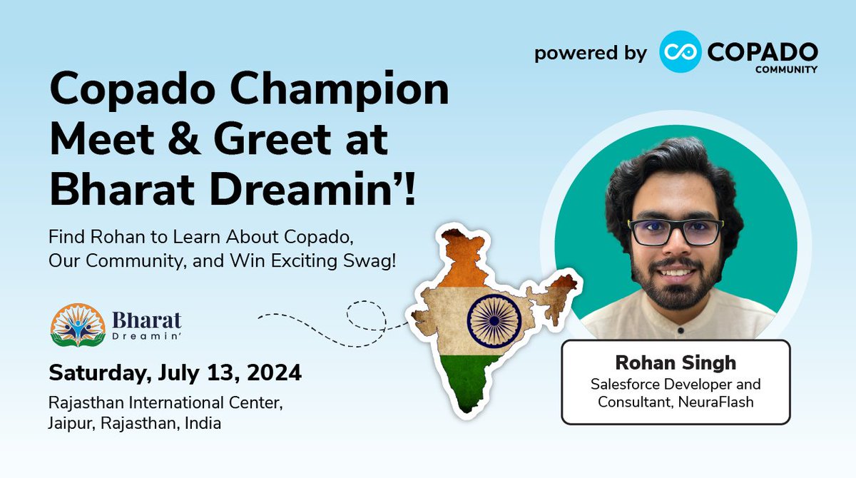 CopadoSolutions's tweet photo. Join us at Bharat Dreamin’ for a Champion Meet and Greet! Rohan Singh will share his personal journey with Copado in an exclusive session. Check-out the full agenda here: https://t.co/1tbPQGsgnh
#bharatdreamin #copadocommunity https://t.co/28e6VoTH8J