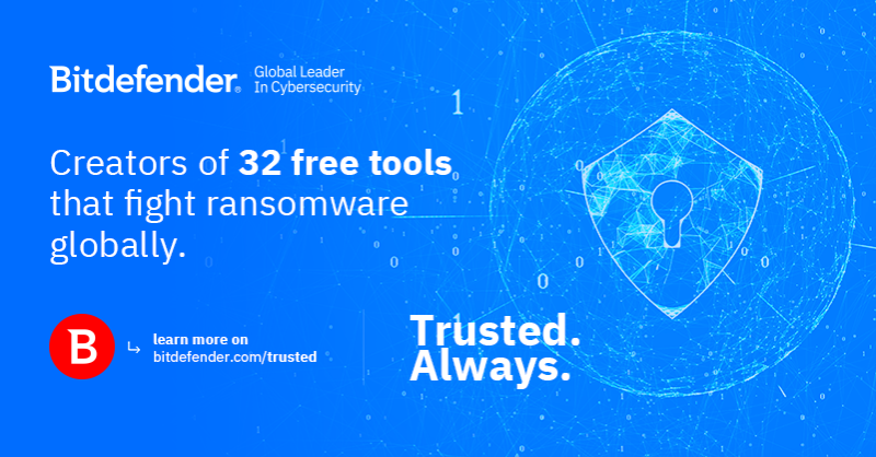 Bitdefender's tweet photo. You can count on Bitdefender when your data is at risk. Our free anti-ransomware tools are ready to help you. #TrustedAlways