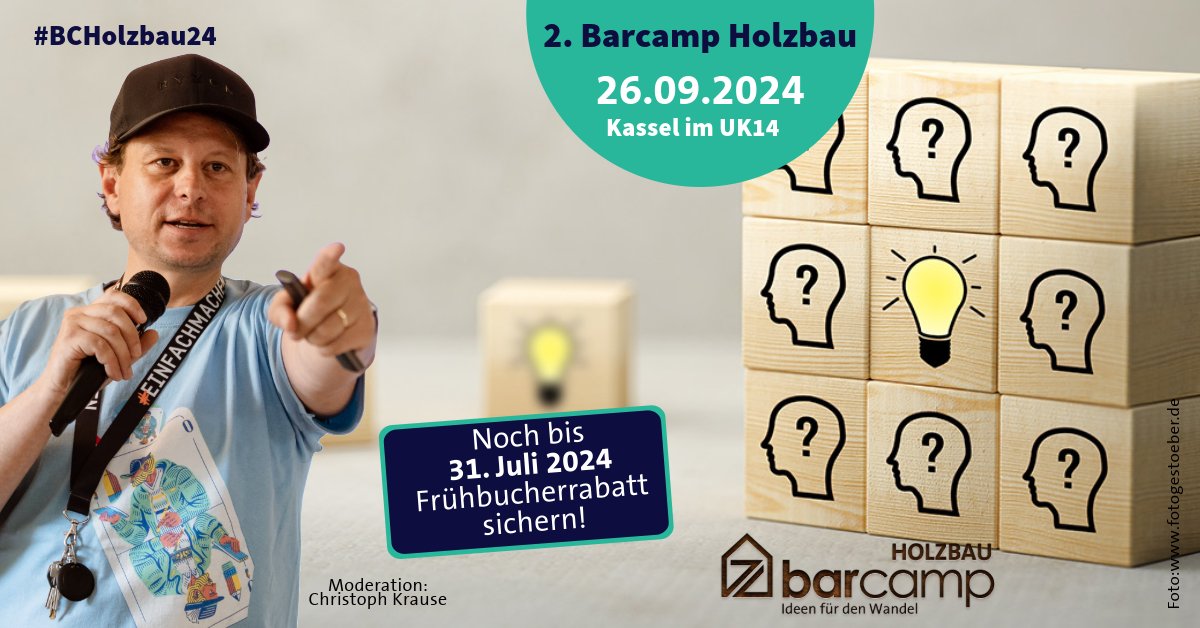 #Barcamp_Holzbau am 26. September 2024 im UK 14 in Kassel: bis 31. Juli 2024 Frühbuchertickets buchen! Chance nutzen, Ideen einbringen, wertvolle Netzwerke knüpfen und die Zukunft des #Holzbaus aktiv mitgestalten. Alle Infos unter: veranstaltung.holzbau-deutschland.de