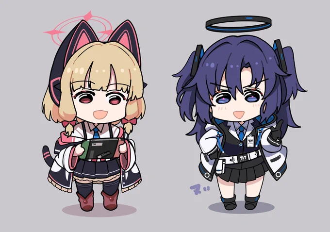 昨日のデフォルメ練習の成果物です。ユウカだけ描いてたんだけど、なんかゆっくり解説動画のカットみたいだなって思って横にモモイを足した。 #ブルアカ #ブルーアーカイブ 
