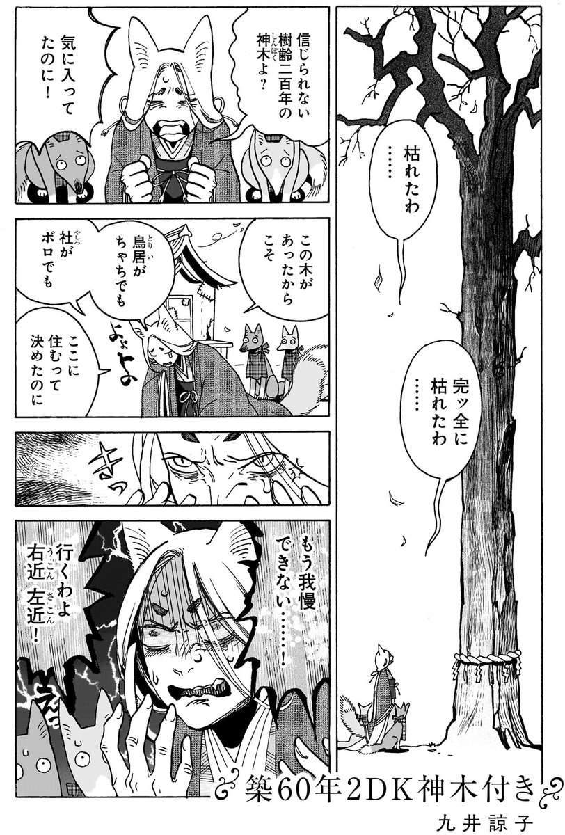 【『異種交流会』収録作品紹介⑦】 「築60年2DK神木付き」著・九井諒子 ハルタ4号に掲載された、九井諒子の単行本未収録作品! 顧客は全員神様!? 参拝客のアクセス手段や、神木の有無…神様にも家の好みが色々あるようで。『ゴッド不動産』で理想の住まい探ししませんか?