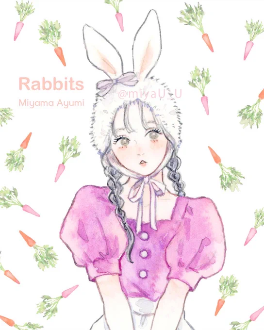 うさぎと野花￼￼ #透明水彩 #ミンティマリン展