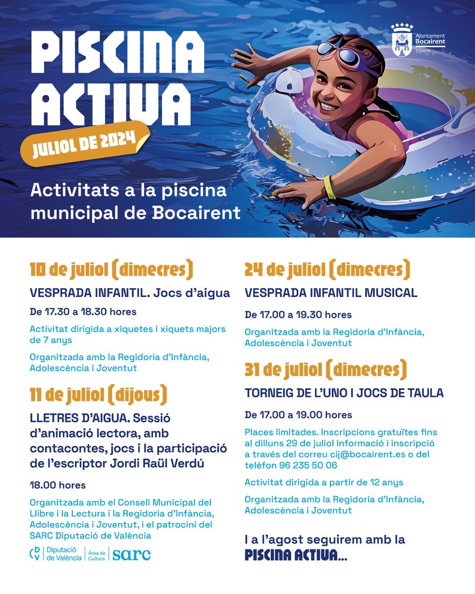 Ciutatlectora's tweet photo. 🐟 Aquesta vesprada estarem a Bocairent pegant-nos un capbussó i gaudint de la lectura a la piscina municipal.

📚🏊🏻‍♂️ Torna 'Lletres d'aigua', l'activitat que va sorgir l'any passat del Consell de Lectura de Bocairent.

☺️ Ens veiem a partir de les 18 hores! https://t.co/cXjQxafbZo