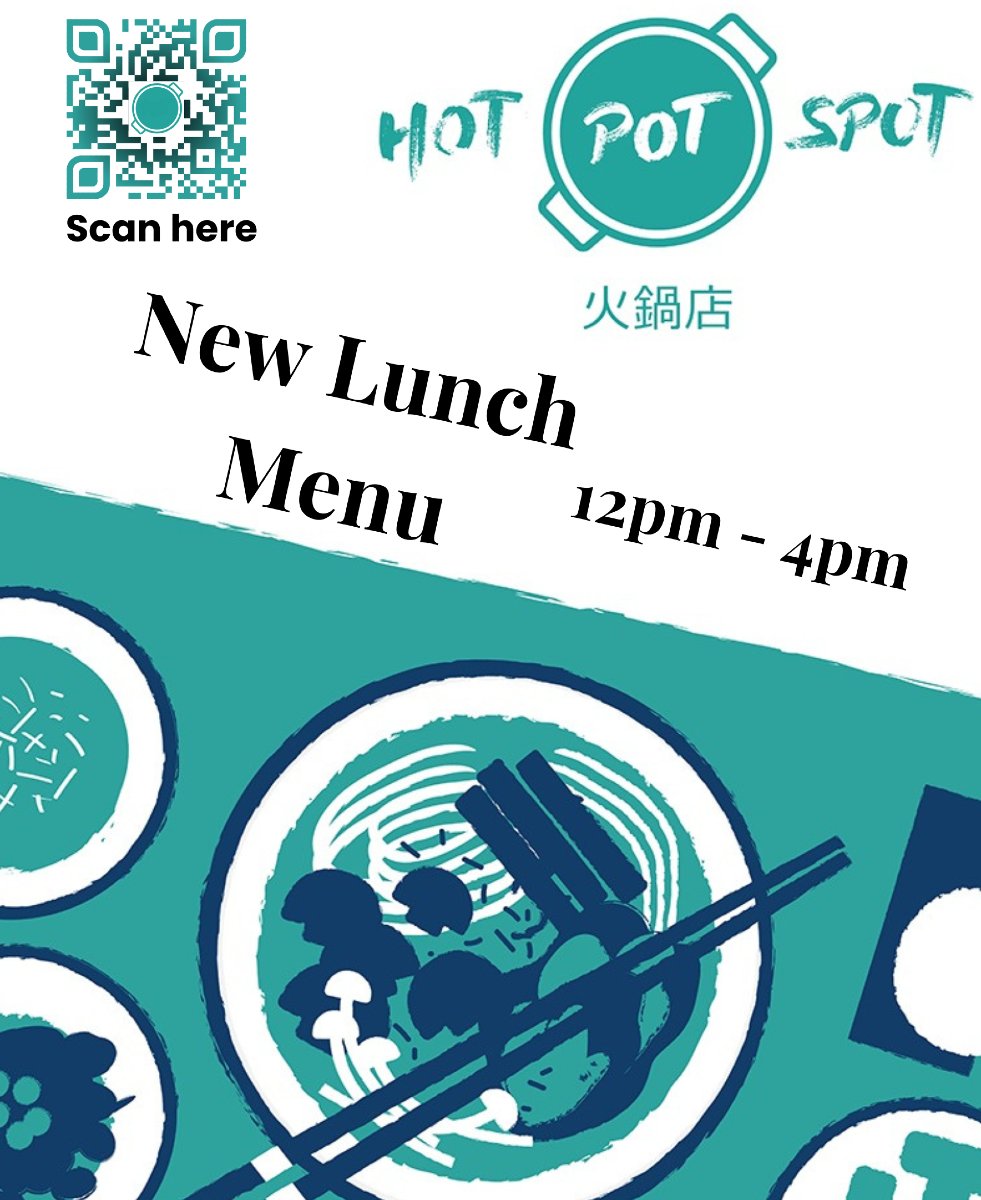 Hotpot_Spot's tweet photo. Starting today! Come see our new lunch menu for when you need something quick and interesting. Many dishes are also vegan. Open Thursday to Sunday 12pm - 4pm. See our website for details or grab a lunchtime menu. https://t.co/Qp6b6rF3RY