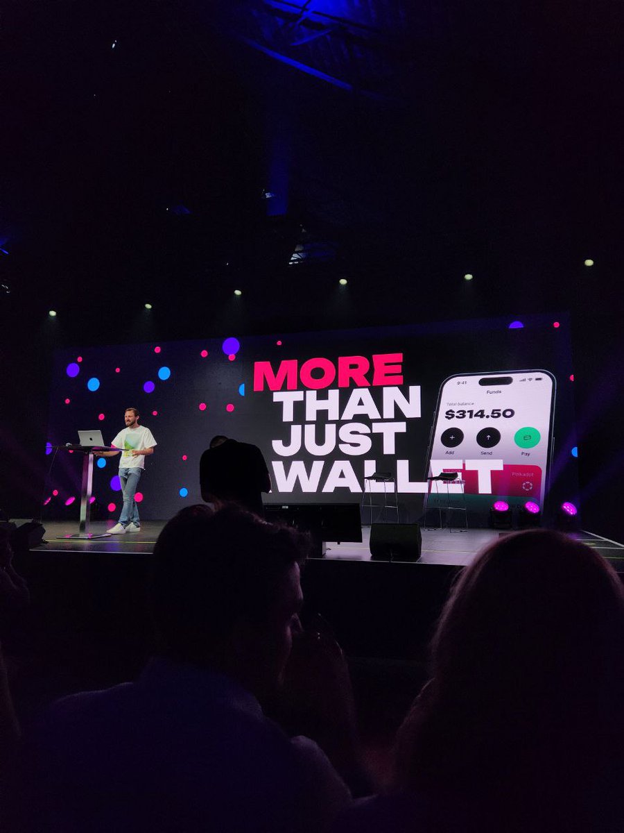 WOW! <a href="/bjornwgnr/">Björn Wagner</a> was joined on stage by <a href="/GBousis/">George D. Bousis</a>
and teased the upcoming Polkadot App, a self custodial wallet optimized for ease of use, simple enough for the crypto uninitiated 🙌

No seed phrases - No usernames - No passwords. It will use Apple or Google Passkeys 🔐

🔹 Staking