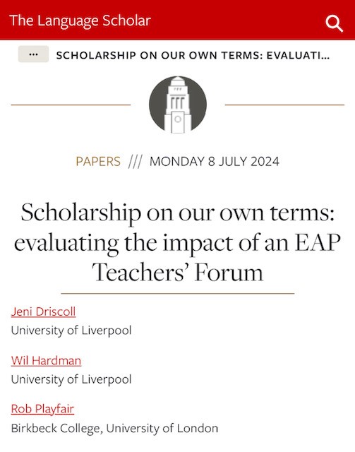 Wil Hardman (@hardmanwil) on Twitter photo Proud to share our recent article with Jeni Driscoll and <a href="/RobPlayfair/">Rob Playfair</a> in @LangScholar where we explore Teachers Forums, a form of grassroots teacher development, and the tensions of engaging in scholarship in a university language centre #EAP #Scholarship tinyurl.com/57yk3c3m Proud to share our recent article with Jeni Driscoll and <a href="/RobPlayfair/">Rob Playfair</a> in @LangScholar where we explore Teachers Forums, a form of grassroots teacher development, and the tensions of engaging in scholarship in a university language centre #EAP #Scholarship tinyurl.com/57yk3c3m