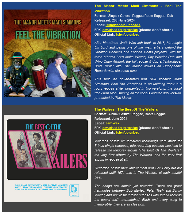 DubwisePromo's tweet photo. Our #newsletter just sent out all media, djs &amp; radio stations with some great new music by @Dubophonic &amp; @jamwaxrecords❤️💛💚If you want to receive it or include &amp; promote your music please send DM or email #newmusic #newmusic2023 #nowplaying #reggae #rootsreggae #dub #Jamaican https://t.co/dOJJgdfADx