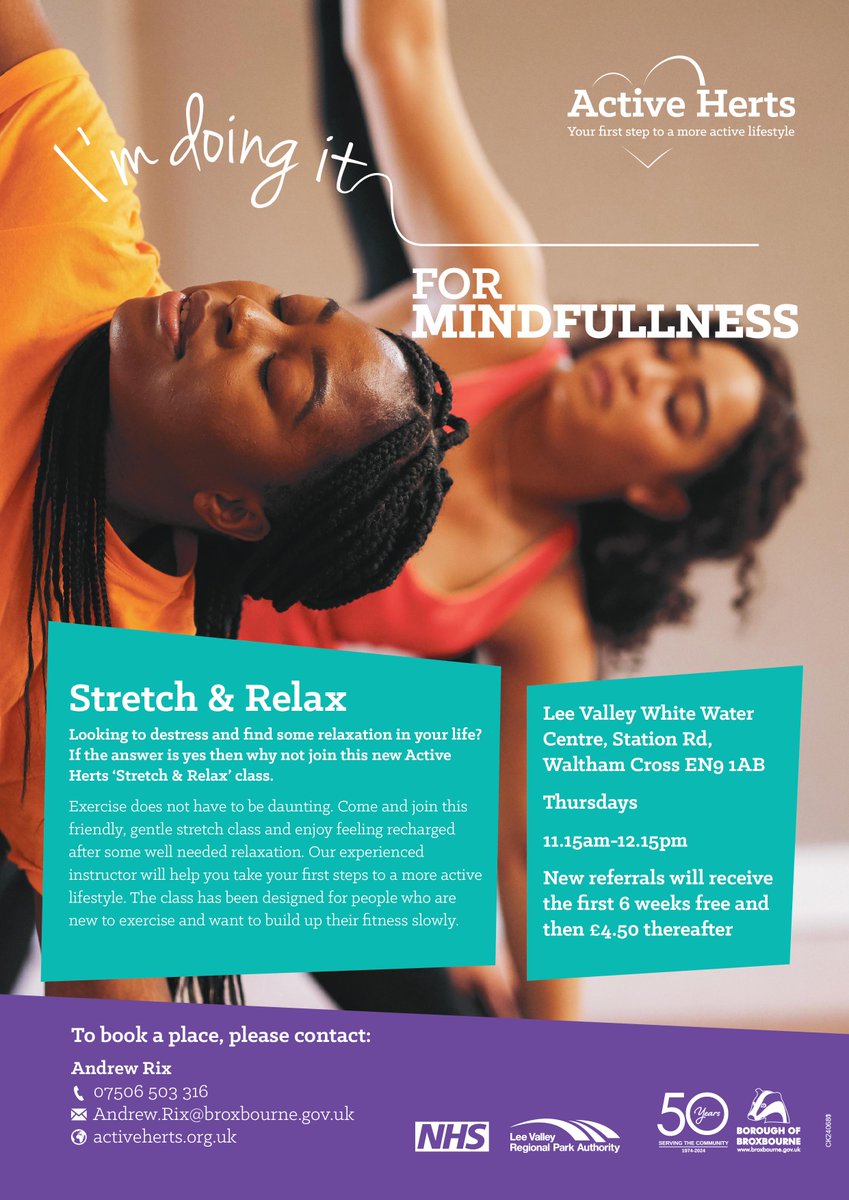 ActiveHerts1's tweet image. Struggling to switch off and find some relaxation in your life? If the answer is yes, then why not try this new &apos;Stretch &amp;amp; Relax&apos; class taking place at the Lee Valley White Water Centre. Contact Andrew for more information: 07506 503316