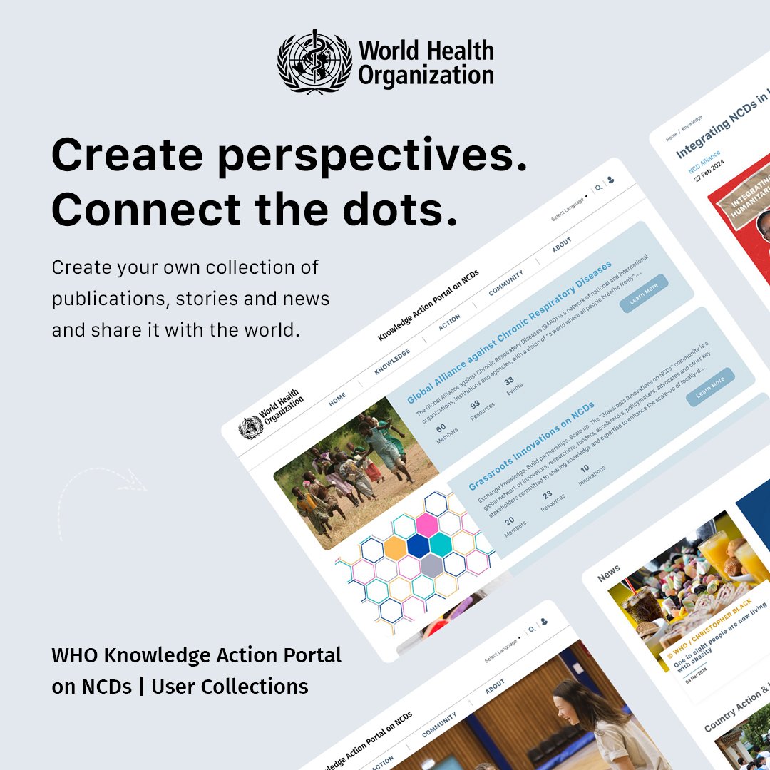 Looking to quickly assemble resources, stories, and references on an emerging global health or NCD topic or for your upcoming meeting?

📚Create your custom content collection on the WHO Knowledge Action Portal on NCDs with just a few clicks. knowledge-action-portal.com/en/all-collect…