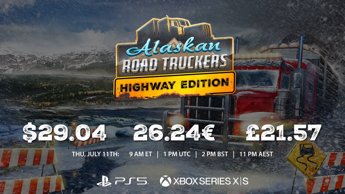 alaskantrucksim's tweet photo. It's launch day! We're happy to share the confirmed prices ahead of launch later today on both Xbox Series X|S and PlayStation 5

🇬🇧£21.57
🇪🇺26.24€
🇺🇸$29.04

The Highway Edition includes all previous DLC and the truck skins pack will be added in an update after launch.

See you in a few hours!