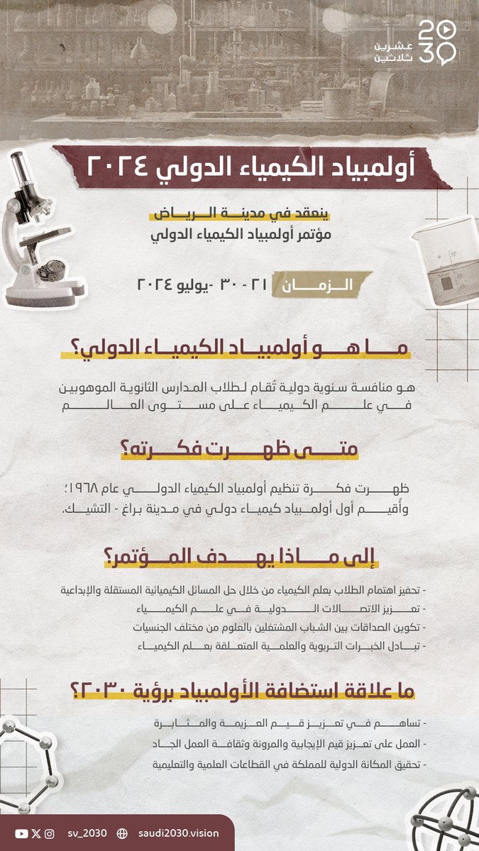 أولمبياد الكيمياء الدولي هالمرة في الرياض! منافسة دولية شيقة بين الموهوبين في الكيمياء، تعرّف عليها أكثر 👇🏼🧪
#أولمبياد_الكيمياء_الدولي
#عشرين_ثلاثين