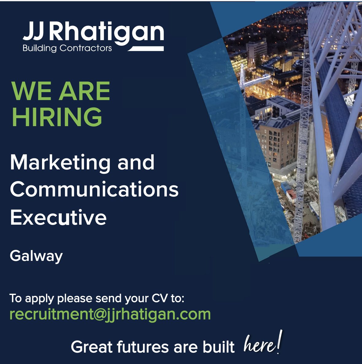 JJRhatigan's tweet photo. ✨ Exciting News ✨

🚀 A fantastic opportunity has arisen within JJ Rhatigan for a highly motivated, focused, and ambitious professional to help deliver our marketing and communication strategy.

📧 If you're interested, please send your CV to recruitment@jjrhatigan.com. https://t.co/BPcRVsR9MJ