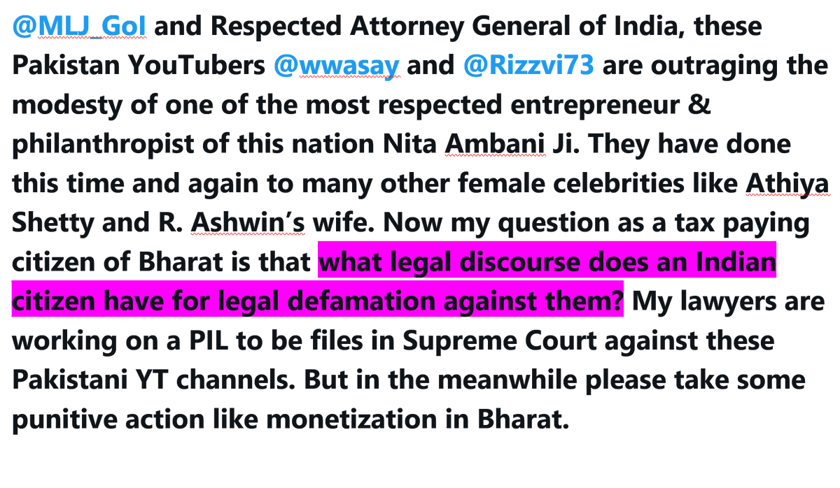 Liberal_Hindu's tweet photo. Respected AG of India and @MLJ_GoI please take punitive action against these Pakistanis @wwasay and @Rizzvi73 at the earliest. They can't just outrage modesty of the most respected philanthropist Nita Ambani Ji and laugh. What's a legal discourse for an Indian? @harbhajan_singh https://t.co/He1WsQHrSf