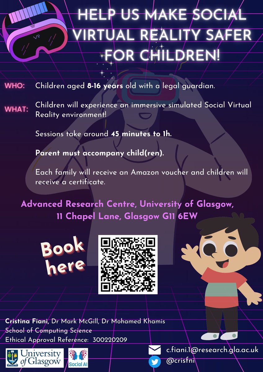 🌟 Calling all Parents &amp; Guardians! Your Child (aged 8-16yo) Can Help Us Shape Safer Social VR Spaces! 🌟 (NEW STUDY THIS SUMMER)

Children are invited to a social VR interactive and engaging activity at the Advanced Research Center (UofG). Sign up via: calendly.com/cfiani/help-us…