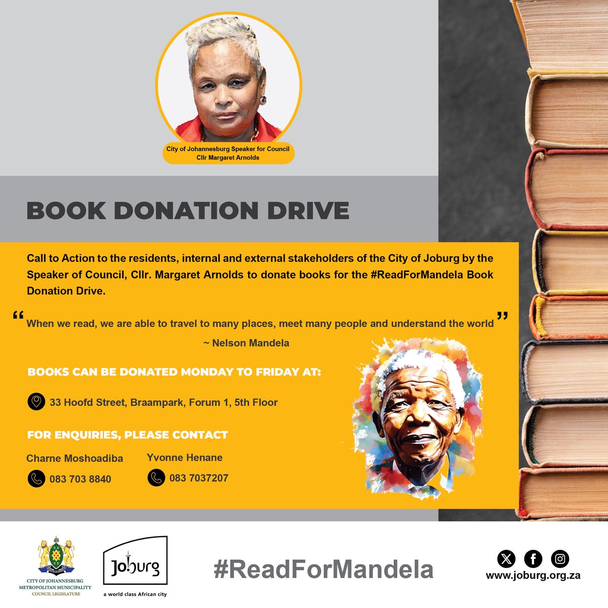 JoburgSpeaker's tweet photo. The Speaker Council in the City of Joburg, Cllr. Margaret Arnolds, expresses her heartfelt gratitude to Shirley, from Lenasia who donated over 50 books to the #ReadForMandela Book Donation Drive. 

Together, #WeServeJoburg. https://t.co/IsIcXJtX2n
