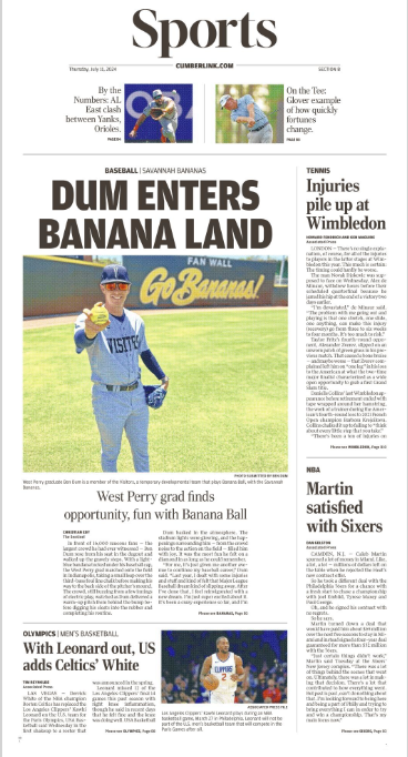Today's Sentinel Sports section delivers its pitch in Banana Ball with <a href="/athletics_wpsd/">West Perry Athletics</a> grad <a href="/bdum18/">Ben Dum III</a>, gets ready for the Paris Olympics and more. 

Follow the latest in local sports at cumberlink.com/sports/#tracki…
