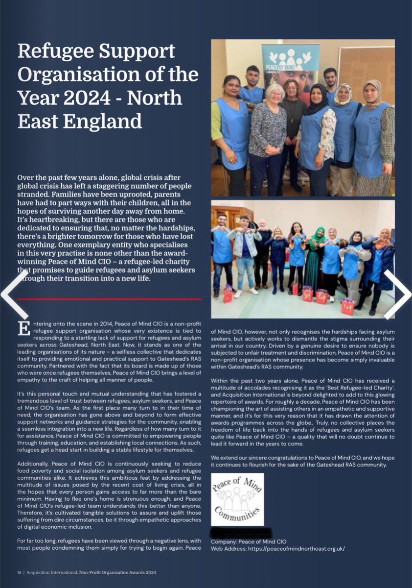 We are beyond proud🙌to announce that we have been honored with the prestigious title of:

"Refugee Support Organisation of the Year2024 for NorthEast England"

This recognition celebrates our team's dedication and impact on refugee lives. More on page 18: acquisition-international.com/issues/non-pro…