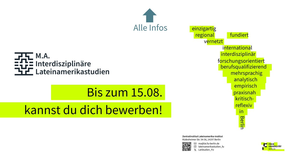 🫢⏱️¡Queda poco tiempo para aplicar a la Maestría en Estudios Latinoamericanos Interdisciplinarios!  🌎Alle Informationen findest du hier ➡️ lai.fu-berlin.de/studium/master…   #FUBerlin #MasterBerlin #MasterLAI #EstudiosLatinoamericanos