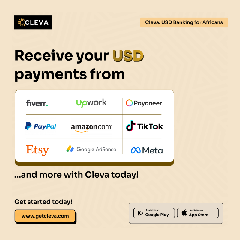 clevabanking's tweet photo. Receive your USD payments from Fiverr, Upwork, Payoneer, PayPal, Amazon KDP, Tiktok, Etsy, Google Adsense, Meta and more with Cleva today!