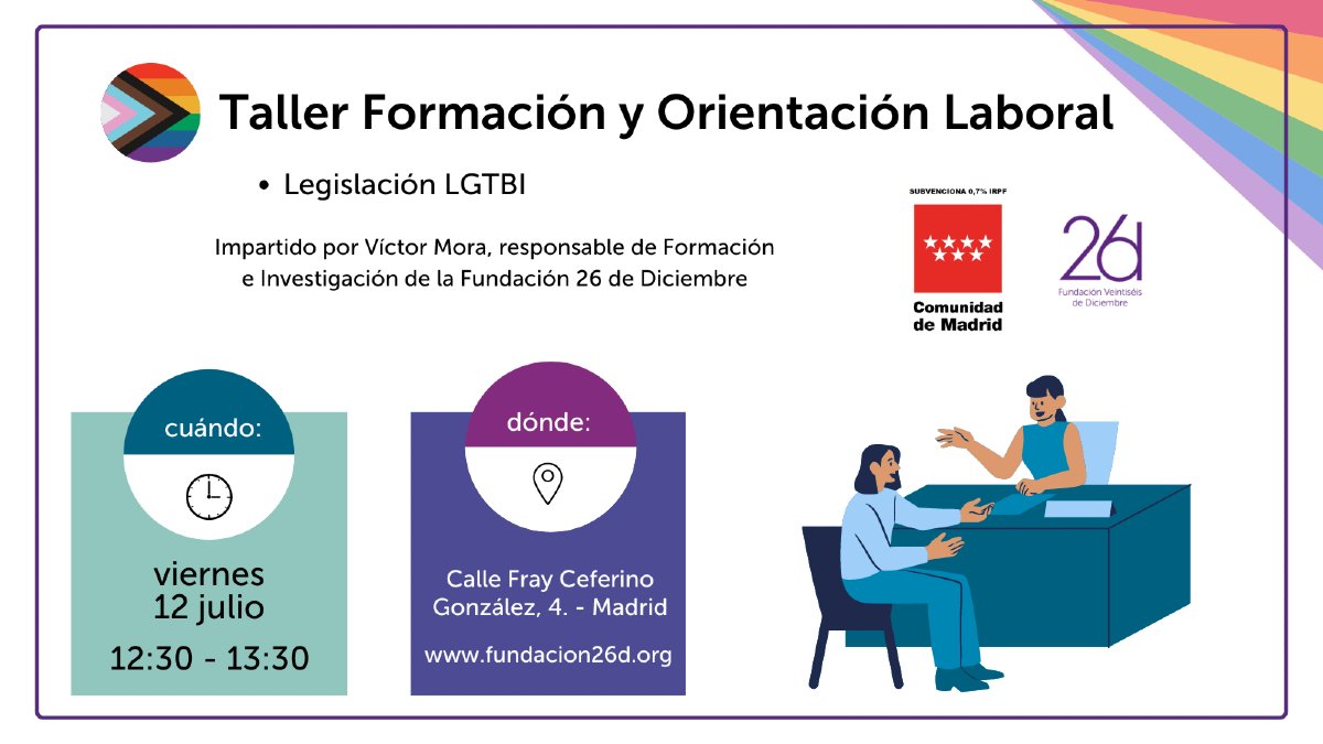 En nuestro próximo taller de formación y orientación laboral hablaremos sobre legislación #LGTBI, cómo desenvolverse en el mundo laboral siendo del colectivo y qué hacer ante un acontecimiento discriminatorio. 

¿Te apuntas?

fundacion26d.org/event/taller-f…