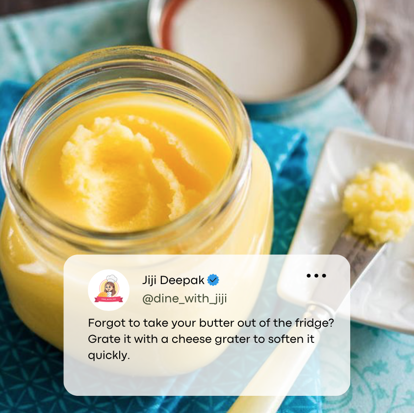 dine_with_jiji's tweet photo. π§π Butter Softening Hack: Forgot to take your butter out of the fridge? Grate it with a cheese grater to soften it quickly. #ButterHack #BakingTips #Cooking https://t.co/W2EXkZHUUn