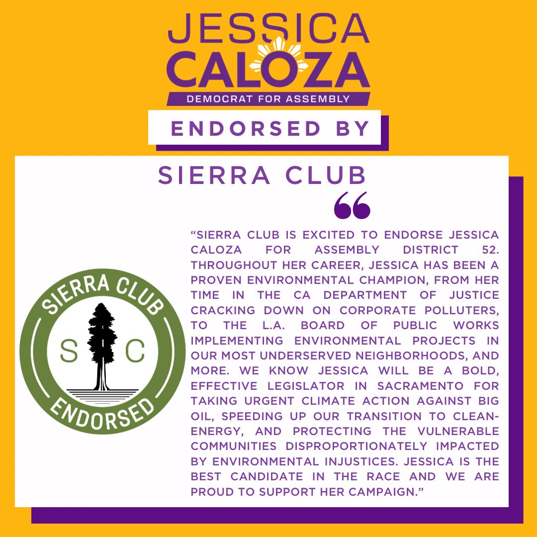 🌳 Big news—The Sierra Club has endorsed our campaign for #AD52!

The climate crisis is one of the greatest challenges facing our generation &amp; orgs like the Sierra Club are critical to making sure our most underserved communities aren’t left behind. 

From East LA to Northeast LA